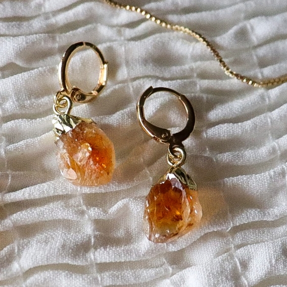 18K Gold Plated Handmade Genuine Citrine Gemstone Huggie Earrings - Picture 3 of 4